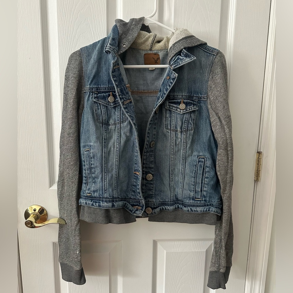 American Eagle Denim and Gray Hooded Jacket